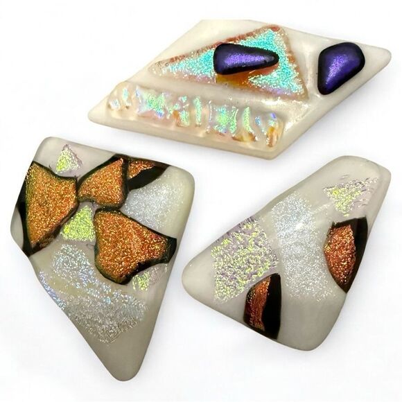 White Dichroic Art Glass Pieces – Iridescent Copper, Violet & Gold Accents - Picture 4 of 17